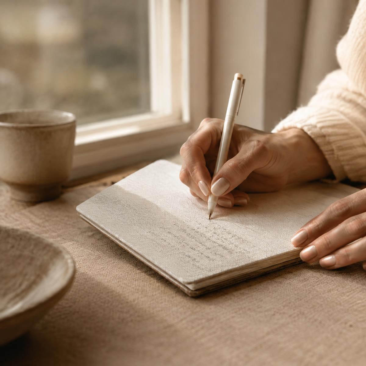 Hands writing in a notebook by a window